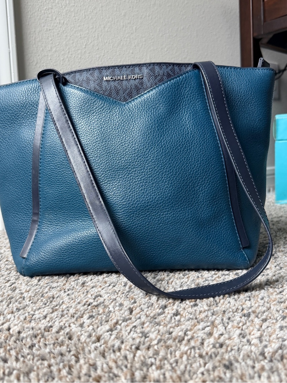 Michael Kors Teal and Navy Pebbled Leather Shoulder Bag